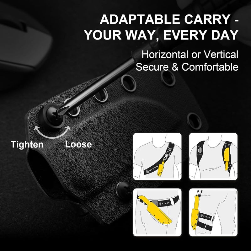 KIZER سكين ثابتة من دروب بير، شفرة D2 بطول 2.57 بوصة بتشطيب أسود، سكين تخييم EDC مع مقبض G10 باللون الأخضر الزيتوني وأداة مخفية، سكاكين صيد وبقاء كاملة، مع غلاف كايدكس قابل للتعديل، 1094M1 - Image 4